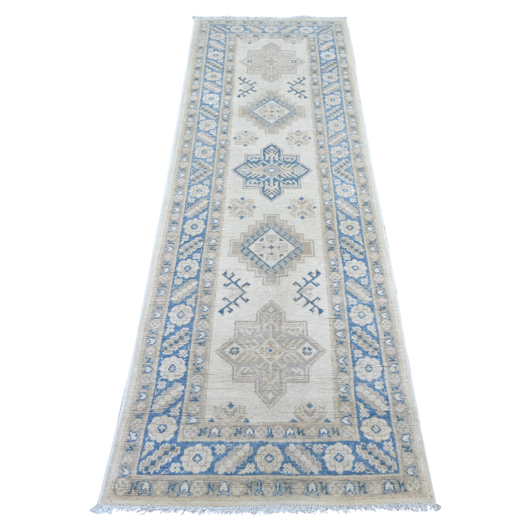 2'6"x7'6" Pearl White, Vintage Look Kazak with Geometric Medallions, Hand Knotted, 100% Wool, Natural Dyes, Runner, Oriental Rug 
